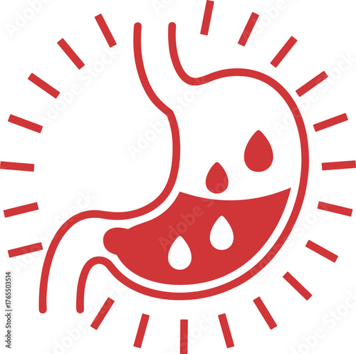 Human Stomach Organ with Red Acid Reflux Heartburn and Droplets Solid Icon Transparent Background