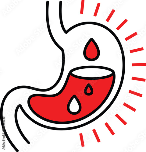 Human Stomach Organ with Red Acid Reflux or Heartburn and Droplets Outline Icon Transparent Background