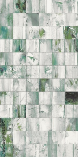 Fotografía Abstract mosaic pattern with green and white brushstroke textures arranged in a