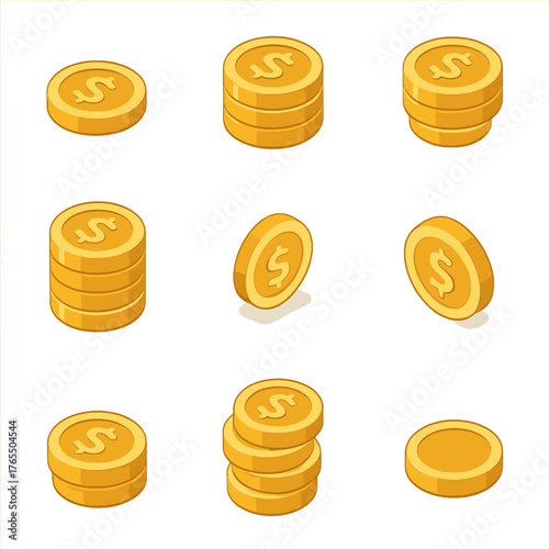 Isometric coins icon set. Money coin gold icon. Flat money icons for finance and game design. Metal coins falling, spinning, tilted, variety views for animation.