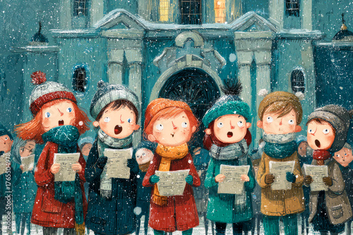 Children choir singing christmas carols in winter snow
