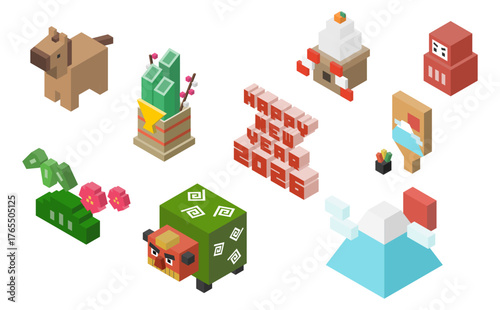 アイソメトリックイラスト：ブロック正月素材