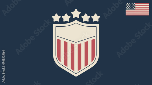 Illustration of a shield with red stripes and five stars with an american flag in the upper corner
