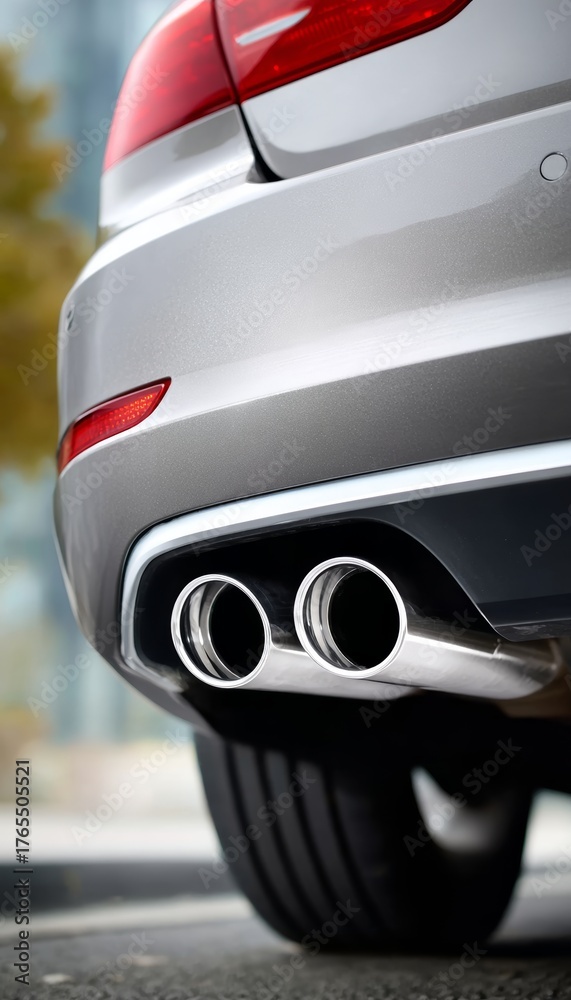 Fototapeta premium Close-up Image Showcasing the Sleek Chrome Dual Exhaust of a High-Performance Sports Car Tailpipe
