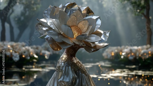 Female figure with a striking floral headpiece made of shiny petals stands near tranquil water, surrounded by glowing flowers, showcasing harmony with nature