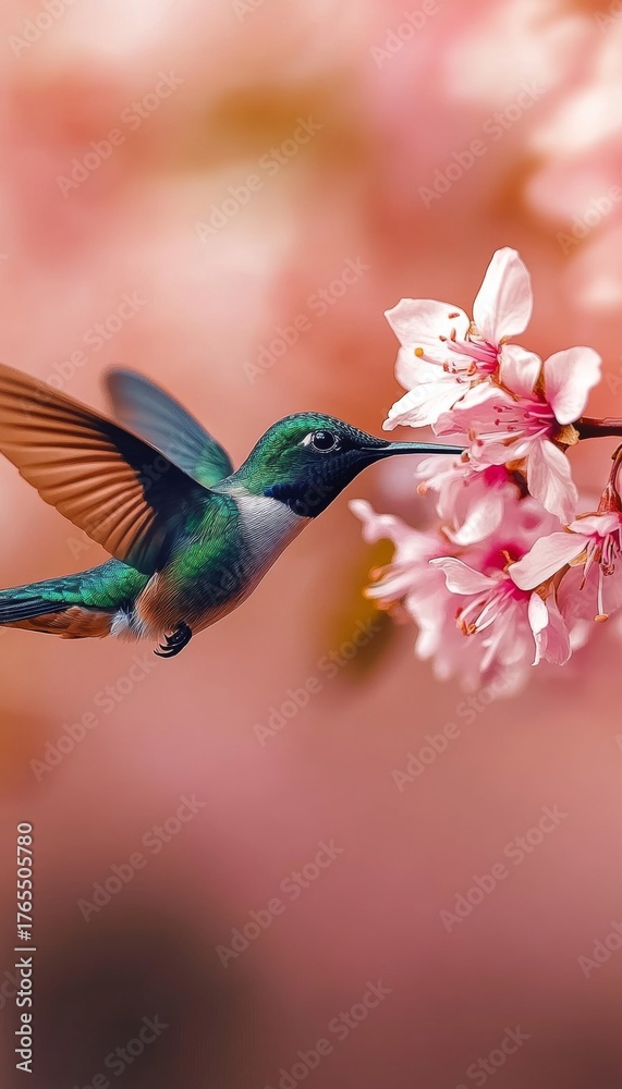 Fototapeta premium Delicate Harmony of a Colorful Hummingbird Sipping Nectar from Vibrant Pink Blossoms in Nature