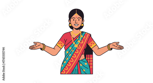 Joyful woman in traditional Indian attire welcoming with open arms, celebrating culture and hospitality