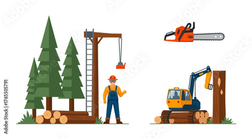 Forestry worker operates machinery for logging and timber harvesting with chainsaw and excavator.