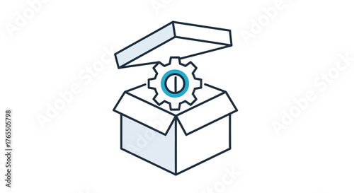 Open box with a gear emerging, symbolizing innovation and new ideas.