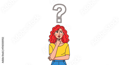 Young woman with red hair looking up with a question mark above her head, deep in thought.