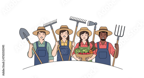 Diverse farmers proudly holding gardening tools and fresh produce, celebrating agriculture and healthy living