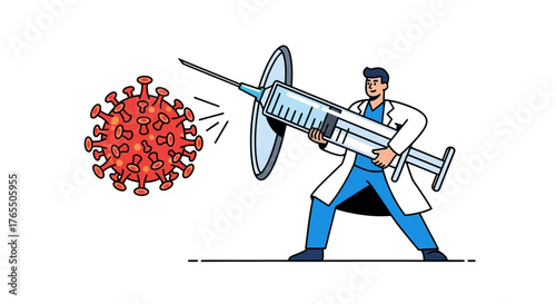 Doctor bravely defends against virus with large syringe and shield