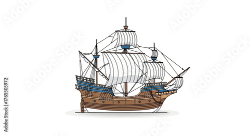 Historic sailing ship with full sails navigating the open sea on a bright day.