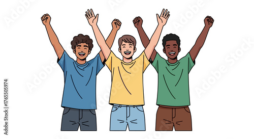 Diverse group of young friends celebrating together with arms raised in excitement