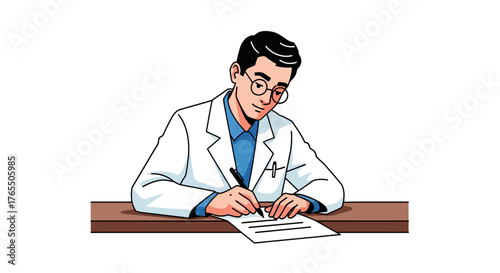 Focused doctor in lab coat writing notes at a desk, representing medical research and diagnosis.