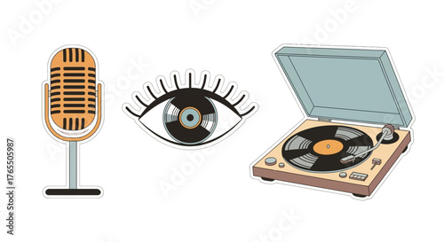 Retro music icons: vintage microphone, vinyl record eye and turntable symbolize nostalgia and sound.