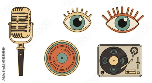 Retro music icons including a microphone, turntable, and vinyl record evoke nostalgia and creativity