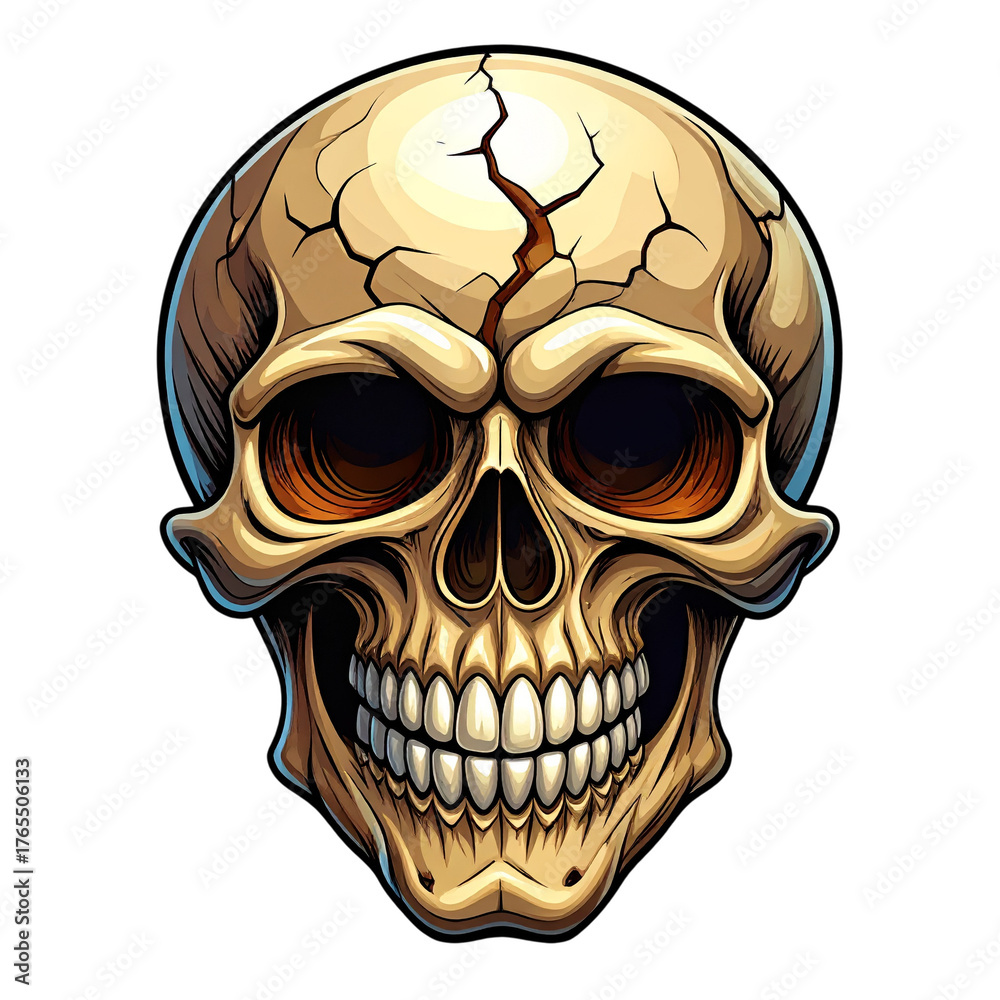 Fototapeta premium Horror cartoon skull with cracked surface and eerie smile, perfect for Halloween, spooky designs, horror projects, creepy artwork, and dark theme creative content