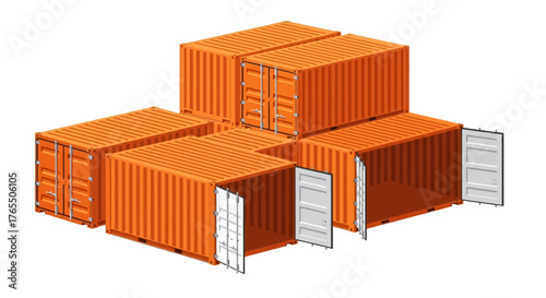 Orange shipping containers stacked and open, ready for cargo transport and logistics.