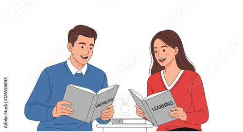 Two smiling people, a man and a woman, engaged in reading books on knowledge and learning.
