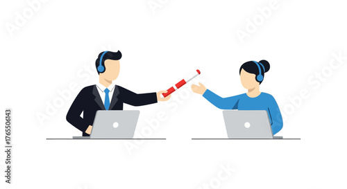 Two colleagues wearing headsets exchanging a document at their desks with laptops.