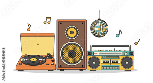 Retro music setup with turntable, speaker, and boombox, evoking nostalgic vibes