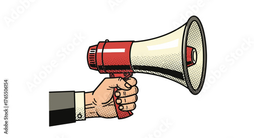 Hand holding a red and white megaphone, announcing loudly with a clear message