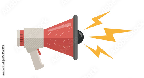 Loud announcement with a red megaphone and bright sound waves