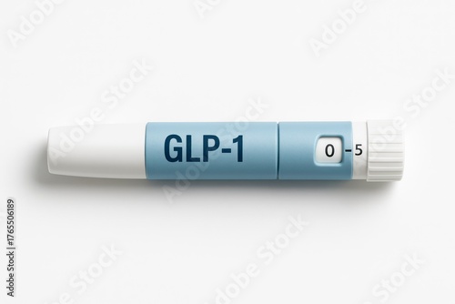 A GLP-1 treatment pen with a blue body and white cap. The pen displays dosage markings from 0 to 5. It is placed on a clean, white background.