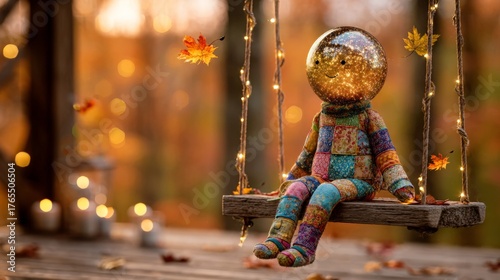 Whimsical fabric doll with a shiny head is seated on a swing, surrounded by vibrant autumn leaves and soft lights, creating a magical and enchanting scene