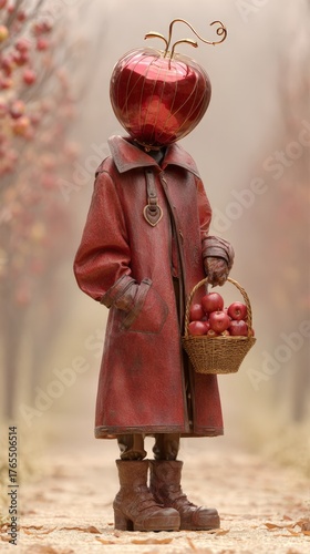 Character with apple-shaped head, dressed in a red coat, stands in an orchard holding a basket of fresh apples, creating a whimsical and enchanting scene