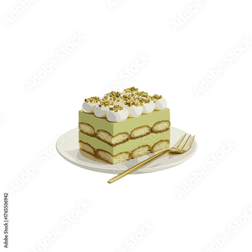 Pistachio tiramisu slice isolated on white background.