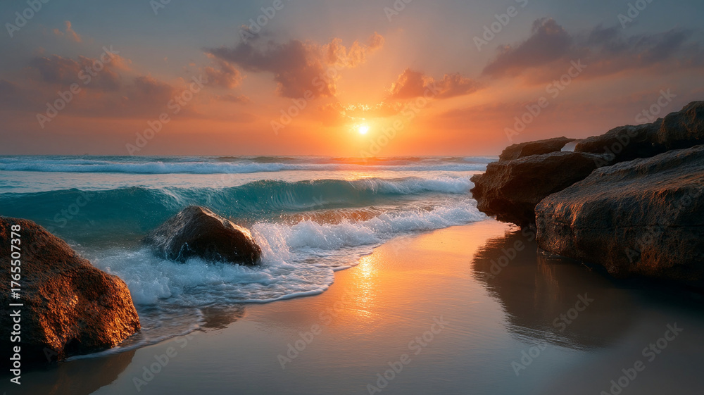 Obraz premium Sunset over rocky beach with waves gently hitting shore and warm sunlight reflecting on wet sand creating peaceful mood