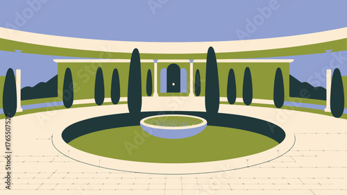 Illustration of a courtyard with a fountain trees and a building with columns in the background
