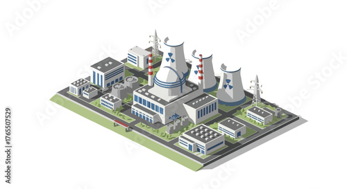 Nuclear Power Plant Vector – Energy Production and Industrial Technology Illustration - Atomic Energy Vector – Nuclear Power Station and Electricity Generation Design
