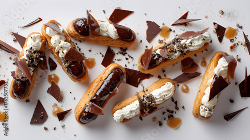 Deconstructed eclairs with pate a choux shells, piped cream, and chocolate glaze shards arranged like an abstract painting