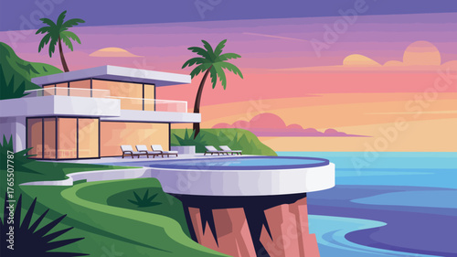 A modern villa with an infinity pool overlooking the ocean during a colorful sunset illustration