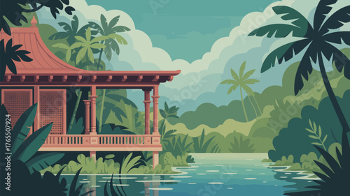 A house with a red roof is surrounded by lush vegetation and a peaceful body of water landscape view