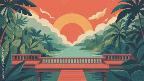 A tropical landscape view with palm trees, a wooden dock, and a sunset over a calm body of water
