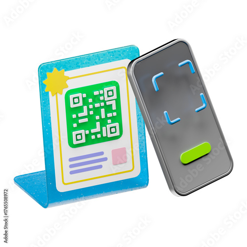 3D Smartphone scan QR code for cashless payment transactions isolated