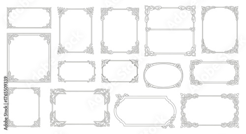 Collection of 12 decorative ornate gray frames and borders on a white background