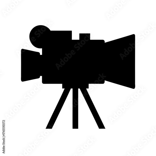 Silhouette of vintage professional film camera with tripod, cinematic equipment icon