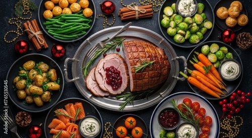 Festive Christmas Ham Dinner Spread with Holiday Decorations