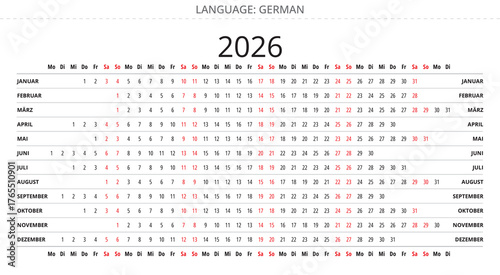 Simple 2026 german linear annual calendar Germany. deutsch kalender
