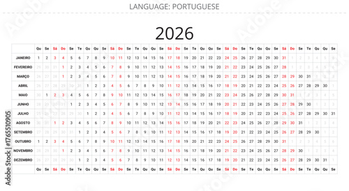 Portuguese linear calendar planer agenda Portugal. Vector illustration