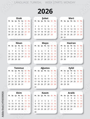 2026 year turkish calendar with modern design. Vector illustration Turkey - turk takvimi