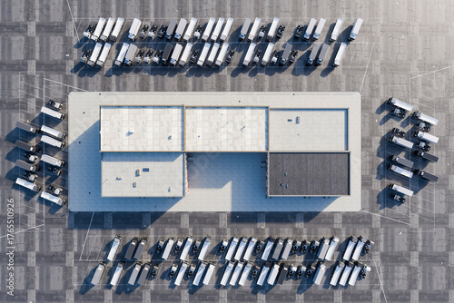 Aerial view of warehouse logistics center with parked trucks 3d rendering