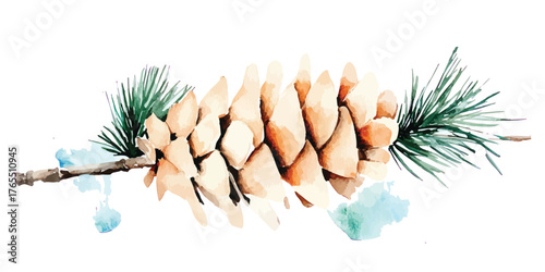 Watercolor fir pine cone on branches Christmas winter illustration for New Year holiday decoration greeting card and invitation design with abstract splashes