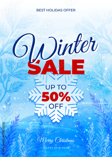 Winter sale for the New Year and Christmas holidays. Vertical banner, poster, cover, for December events. Promotion, discounts, special offer. Background watercolor vector winter landscape.
