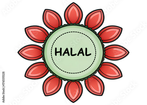 Halal Logo with Red Petals and Green Center Vector Illustration
